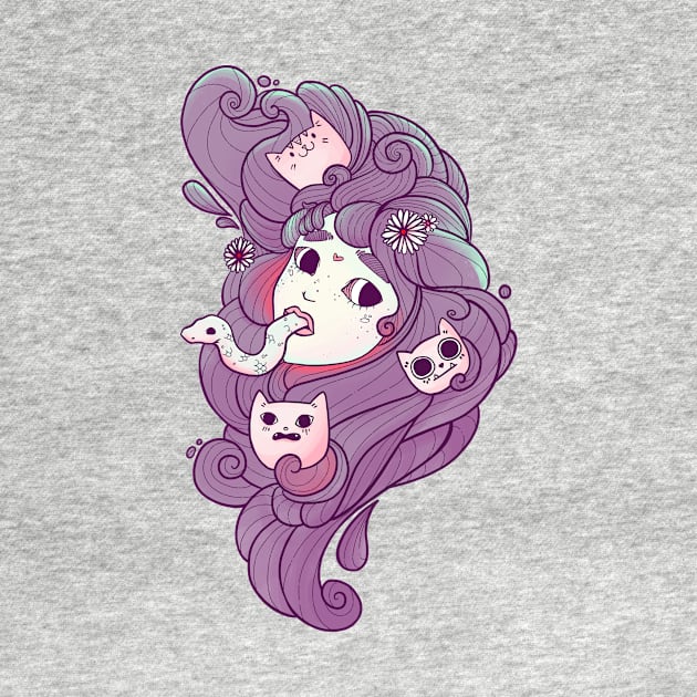 Dreamy Girl Head With Cats And Snake Art by cellsdividing